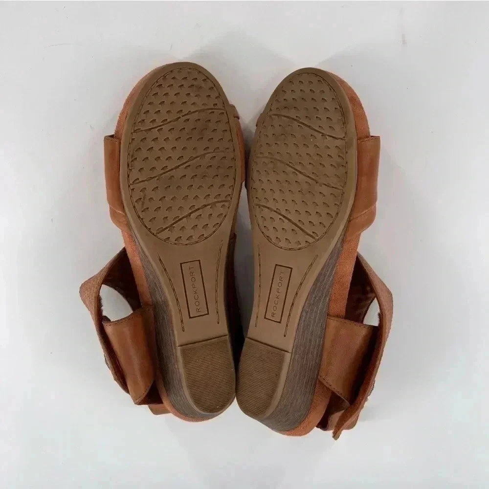 Rockport womens sandals size 9.5 brown leather sticky strap wedges